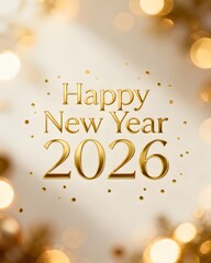Golden Happy New Year 2026 Greeting. Festive Bokeh Lights and Glittering Confetti on a Subtle Background.