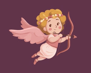 Cute cupid flying with bow and arrow. Romantic angel illustration. Symbol of love and Valentine&rsquo;s Day.