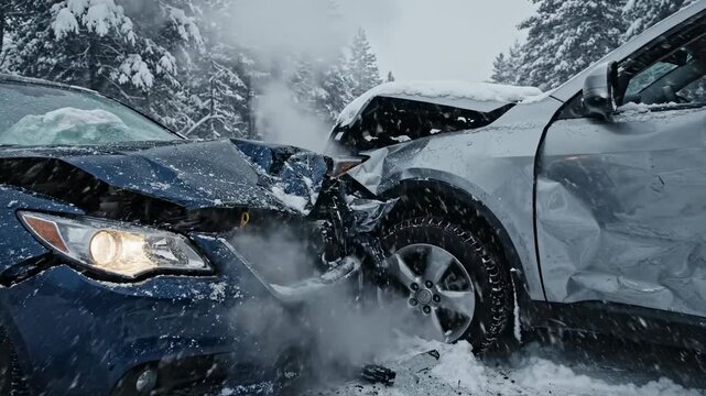Two car collision in snowy winter weather. Road accident on a dangerous icy road. Head-on crash involving a blue sedan and silver SUV.