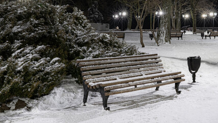 Snowy Path with Empty Wooden Bench and Lights