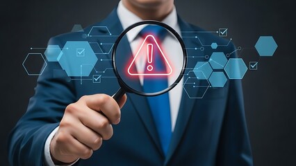 Businessman in blue suit holding magnifying glass with glowing red warning triangle inside blue hexagonal network background