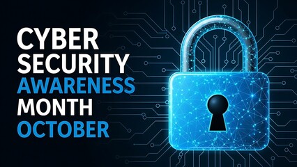 Blue digital padlock with circuit board background for Cyber Security Awareness Month October