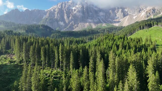 Paysage naturel des Dolomites en Italie avec for&ecirc;t et lac - vid&eacute;o drone