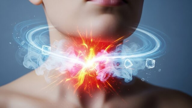 Close view of a person's neck displaying intense fiery throbbing, with counteracting icy blue healing energy and frozen water cubes. Evokes sore throat, fever, influenza, and painful illness.
