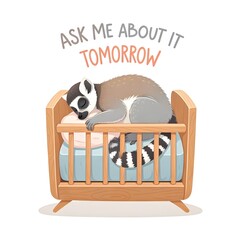 Vector illustration of a sleeping lemur in a crib with the inscription "Ask me about it tomorrow" on a white background.
