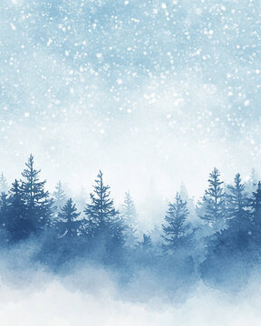 A soft gradient wash background with winter blue sky and evergreen fir tree silhouettes along the horizon.