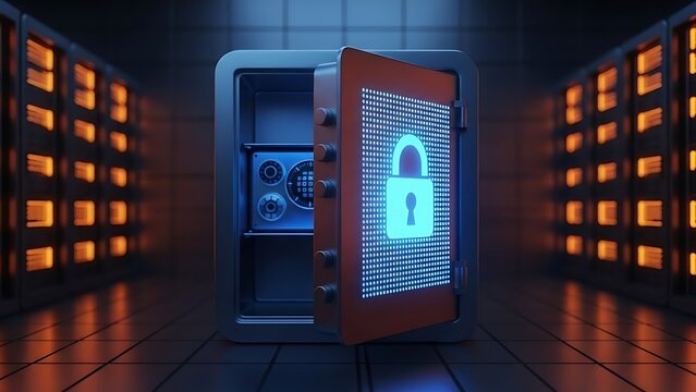 Open digital safe with glowing binary lock in a data server room with illuminated orange racks