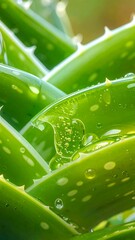 Close-up view of vibrant green aloe vera leaves with glistening water droplets, highlighting the plant's natural beauty and texture.