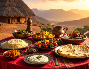 A festive Eritrean table is set with injera, zigni, shiro, and colorful vegetable sides for a holiday meal.