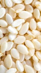 A close-up, top-down view of numerous small, light-colored sesame seeds piled together, showcasing their smooth texture and uniform shape.
