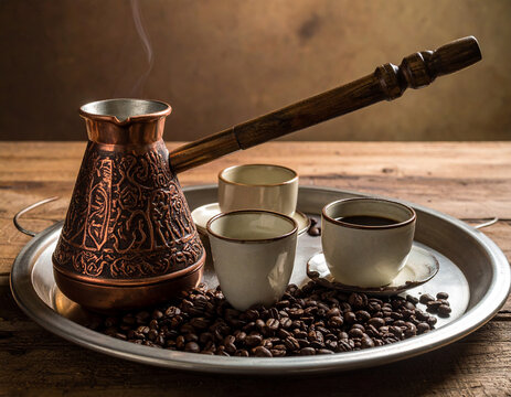 A traditional Eritrean coffee ceremony features a jebena pot, small cups, and roasted coffee beans on a tray.