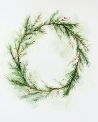 Delicate spruce branches painted with watercolors. The branches intertwine to form a loose, wreath.