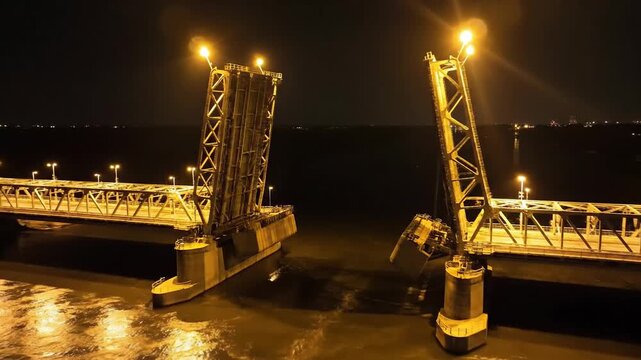 Illuminated Bascule Bridge Operates Over Water at Night Reflections Dance