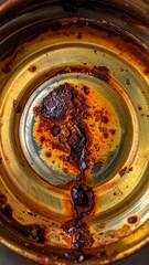 Close-up view of severe rust and corrosion inside a golden metal lid.