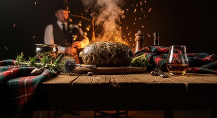 Burns Night supper with steaming haggis, traditional Scottish piper playing bagpipes, tartan cloth, and amber drink on a rustic wooden table, festive celebration