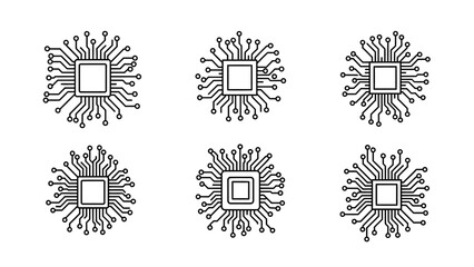 Collection of six monochrome microchip icons arranged in a two by three grid pattern