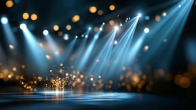 Golden stage under sparkling blue lights faceless magical awards ceremony defocused dramatic lighting background gala event setting prestigious celebration luxurious venue