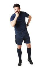 Fototapeta premium Referee in uniform blowing whistle on white background