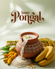 Happy Pongal Festival Poster with Traditional Pot, Sugarcane and Decorated Cows