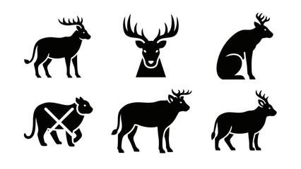 Fototapeta premium Collection of stylized black silhouette icons representing various deer and animal poses