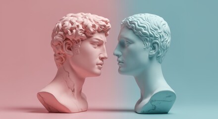 Male and female classical marble busts facing each other