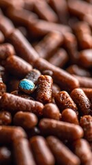 A close-up shot of numerous brown chocolate sprinkles with a single blue sprinkle standing out in the middle, creating a vibrant contrast.