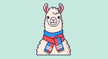 Fototapeta premium Cute cartoon llama wearing a colorful scarf with a light blue background
