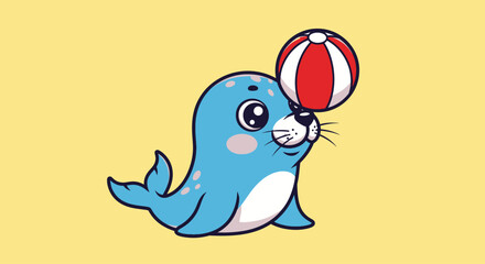Cute cartoon seal balances a striped ball on its nose against a yellow background © Anak