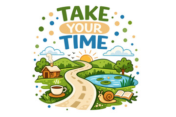 Naklejka premium Take your time: serene landscape with path, cozy cabin, and nature elements