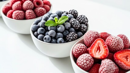 Frozen berries and blueberries in white bowls