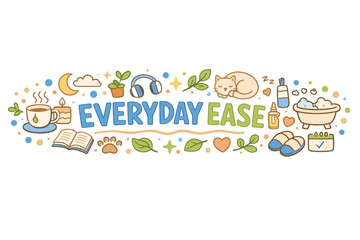 Obraz premium Everyday ease: relaxation elements including coffee, headphones, cat, and spa essentials