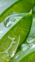 A close-up shot of a vibrant green aloe vera leaf with clear water droplets.