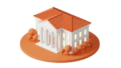 Isometric courthouse building PNG isolated on transparent background, government architecture with orange roof and trees, 3D rendering