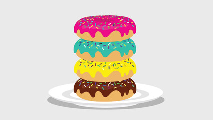 Colorful donut variety flat illustration with glaze and sprinkles, sweet snack concept isolated on clean background, ideal for dessert menus, cafés, and food promotions