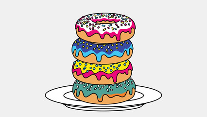Colorful donut variety flat illustration with glaze and sprinkles, sweet snack concept isolated on clean background, ideal for dessert menus, cafés, and food promotions