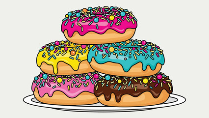 Colorful donut variety flat illustration with glaze and sprinkles, sweet snack concept isolated on clean background, ideal for dessert menus, cafés, and food promotions