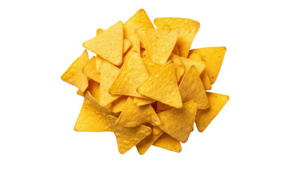Pile of golden yellow tortilla chips isolated PNG, crunchy snack food for parties and gatherings on transparent background