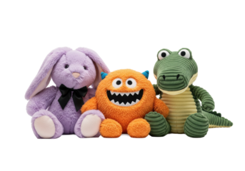 three plush toys: a purple faux-fur bunny, an orange shag monster, and a green corduroy alligator, sitting on a white cyclorama background with ample copy space. concept of childhood friendship and