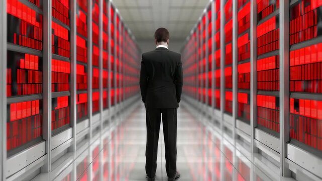 Navigating the Digital Labyrinth: A figure in a suit stands in a server room, the red glow illuminating the endless rows of technology. Exploring the digital domain