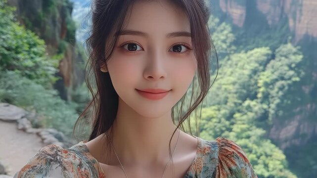 Radiant Serenity amidst Nature's Grandeur: A captivating portrait of a woman exudes peace. Her gentle smile complements the majestic scenery behind her, creating a moment of tranquility.