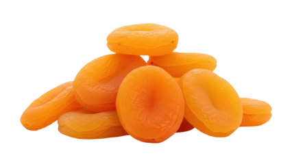Pile of dried apricots isolated PNG, sweet and chewy fruit on transparent background, healthy snack for food photography
