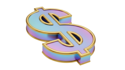Holographic dollar sign PNG isolated on transparent background, 3D render of money symbol with golden edges for finance concepts