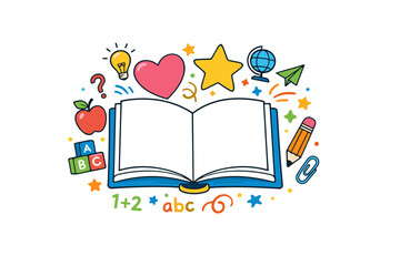 Colorful educational symbols surrounding open book with school supplies
