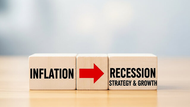 Inflation to recession strategy and growth concept on wooden blocks isolated on white background showing economic change business challenge transition and financial planning - Powered by Adobe
