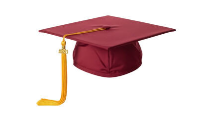Burgundy graduation cap with gold tassel isolated PNG, academic achievement and celebration of educational success on transparent background