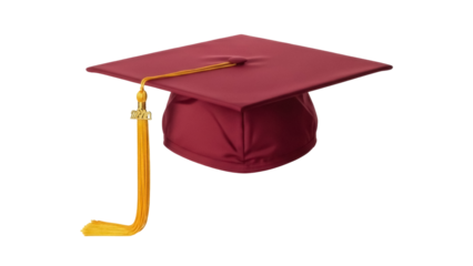 Burgundy graduation cap with gold tassel isolated PNG, academic achievement and celebration of educational success on transparent background