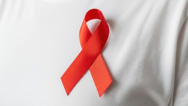 A red awareness ribbon pinned to a white shirt. Symbol of support for HIV, AIDS, and heart disease awareness. World AIDS Day health campaign concept - Powered by Adobe