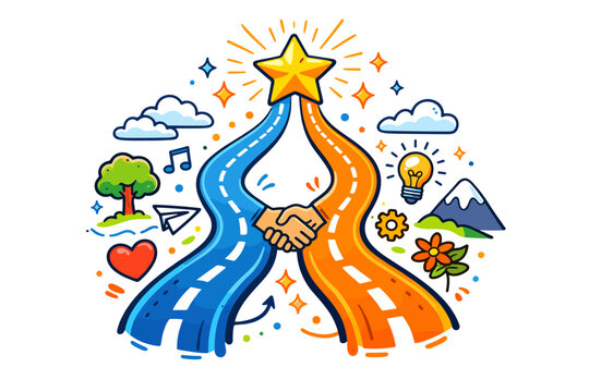Collaborative success journey: two roads converging to a star with handshake