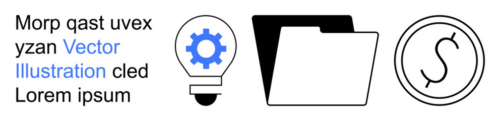 Obraz premium Innovation, creativity, organization, finance, digital tools, data storage. Lightbulb with gear, folder coin icon. Innovation and organization visual concept