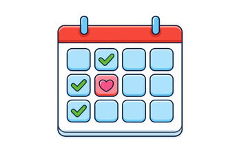 Cartoon calendar with checkmarks and heart highlighting important dates